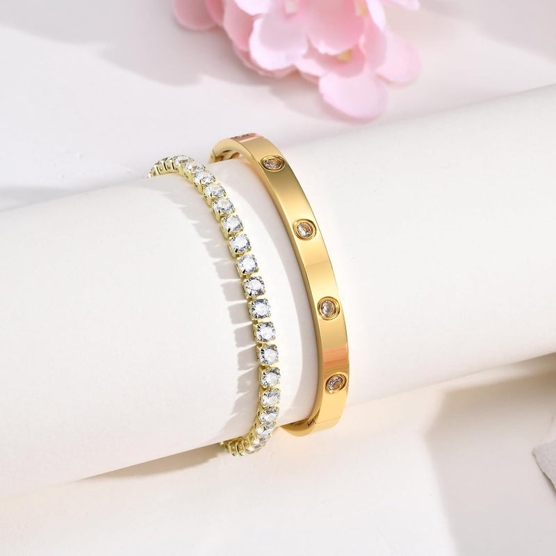 MPRAINBOW Gold Bracelets for Women, 2Pcs 18K Gold Plated Cubic Zirconia Bangle Crystal Friendship Bracelet Jewelry,Wedding Party Christmas Birthday Gifts for Her Girlfriend Sister Daughter - Image 5